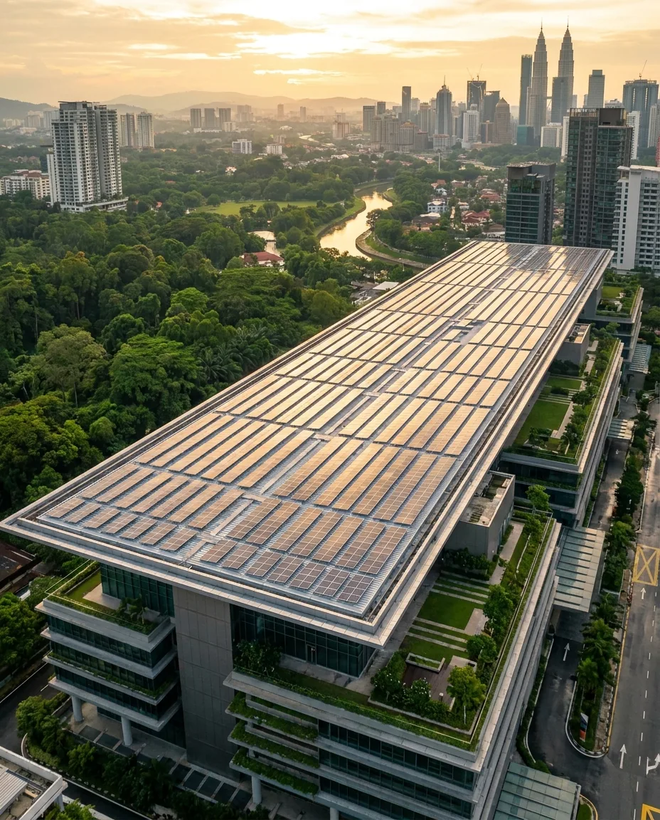 Aerial view of a CSSB solar-roof building overlooking the Kuala Lumpur skyline at sunset