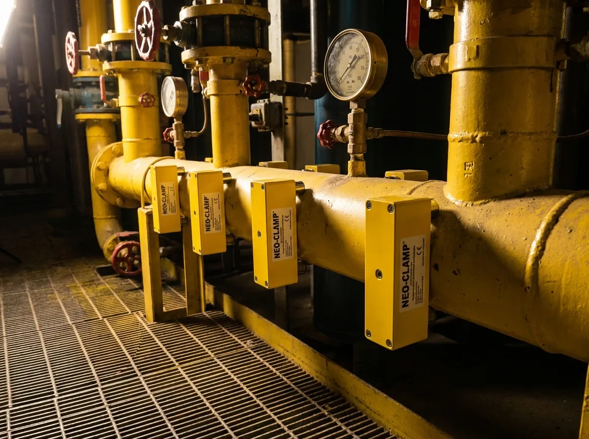 Magnatech magnetic conditioning units clamped on a gas fuel pipe