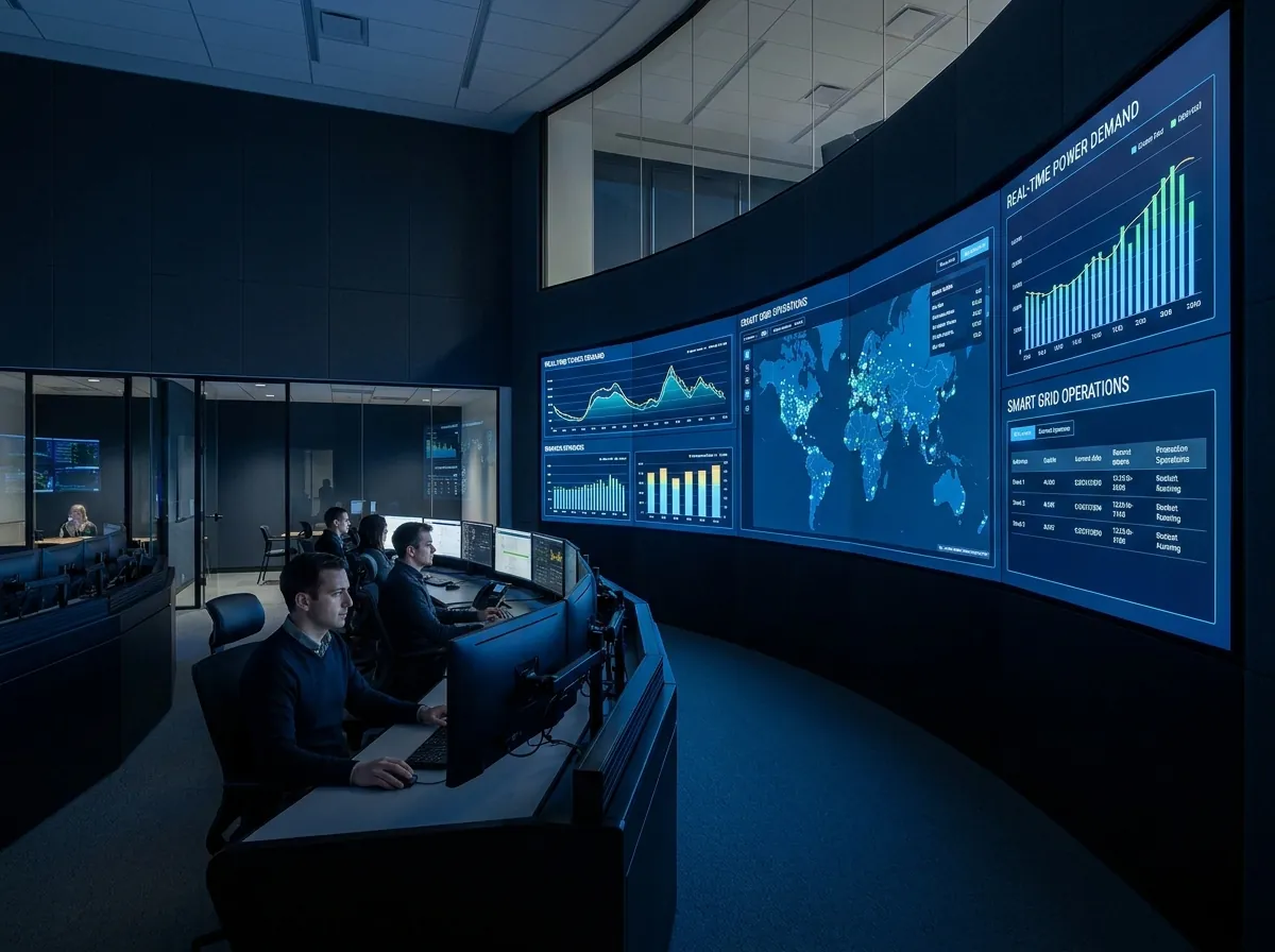 Energy control room with real-time power demand dashboards