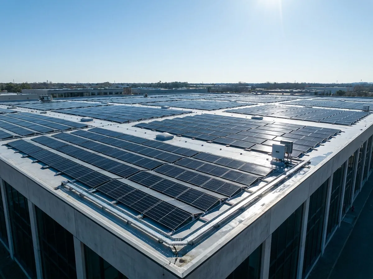 Rooftop solar PV panel array on a commercial building